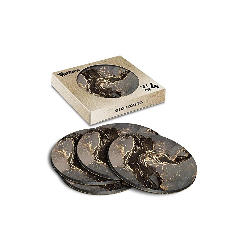 4 x Round Coasters - Black & Gold Style Marble