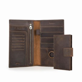 Hiram Cartera para pasaporte de viaje familiar con RFID, porta pasaportes de cuero auténtico, portátil y multifuncional, cierre a presión, protección RFID, marrón sólido