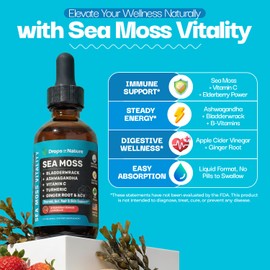Ashwagandha & Turmeric Liquid Drops - Vitamin C, Sea Moss, Apple Cider Vinegar, Bladderwrack - Vegan Liquid Drops for Comprehensive Wellness Support & Vital Immunity (Strawberry Ginger Lemonade, 60mL)