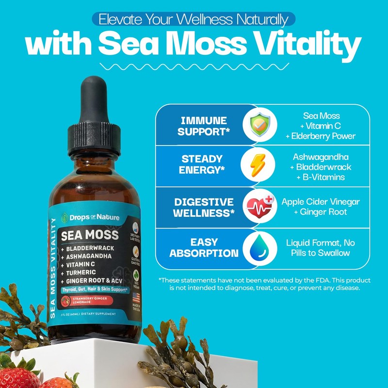 Ashwagandha & Turmeric Liquid Drops - Vitamin C, Sea Moss,