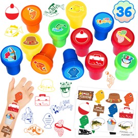 36PCS Gone Fishing Party Favors 24 Tattoos Sticker 12 Stamp Set - Ideal Fisherman Themed Birthday Card Decorations Supplies Goodie Bag Cute Rewards for Boys Girls Classroom Gifts Baby Shower Prizes