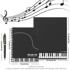 Music Piano Melody Theme Stationery Gift Box Set,Piano Musical Wirebound Journal Writing Notebook with Treble Clef Design Roller Ball Pen for Office School Student Teacher Gift (Black Piano Style)