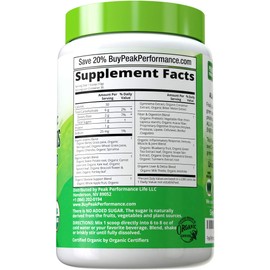 Peak Performance Organic Greens Unsweetened Superfood Powder. Unflavored Green Juice Vegan Super Food with 25+ All Natural Ingredients for Max Energy and Detox. Spirulina, Spinach, Kale, Probiotics