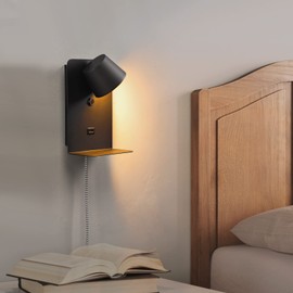 Swing LED Plug In Wall Sconce With Shelf For Bedroom Bedside, Rotatable Metal Reading Wall Lamp With USB Charging Port, 2700K Warm White Nightlight，Modern Contemporary Wall Light Fixture , White