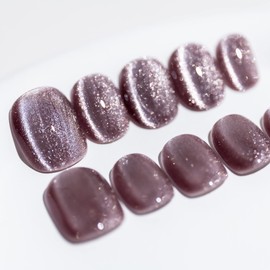 Sun&Beam Nails Handmade Press On Short Round with Grey Taupe Color Cat Eye Design Charm Cute False Nail Tips 10 Pcs (#096 M)