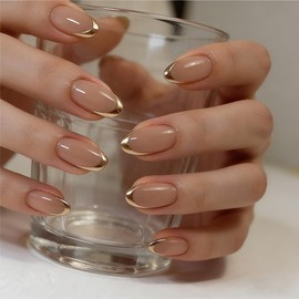 24Pcs French Tip Press on Nails Almond,Fake Nails,Press On Nails,Glossy Almond Reusable Press on Nails Short Oval False Nail Kit for Women (French Gold, Short)