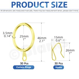 Glarks 30 Sets 25mm/1inch Golden Metal Drapery Curtain Hanging Rings Set, Includes 30pcs Curtain Rings and 30pcs Drapery Pin Hooks, Drape Sliding Eyelet Rings for Sliding Window Bathroom Door