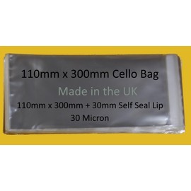 celloexpress 110mm x 300mm + 30mm Flap - Cellophane Display Bags Self Seal 30 Micron - Medium Cello - Pack of 250