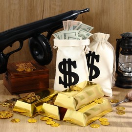 MiniInflat 12 Pcs Inflatable Gun Props Canvas Money Bag with Drawstring Cardboard Golden Box Decorations for Gold Gangster 1920s Mafia Pirate Bar Birthday Cosplay Theme Party