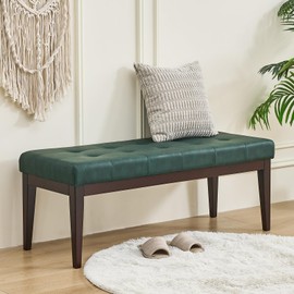 Bedroom Bench, 47.2" Button-Tufted Leather Ottoman Bench, Entryway Bench Seat, Upholstered End of Bed Bench with Rubber Wood Legs for Living Room, Foyer, Dining Room, 47.2" L x 17" W x 17" H, Green