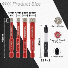 FOCSTOL Diamond Drill Bits Set 10pcs, 3/16''-3/8'' Tile Drill Bit with 1/4 Inch Quick Change Hex Shank for Porcelain Ceramic Tile Marble Granite Quartz