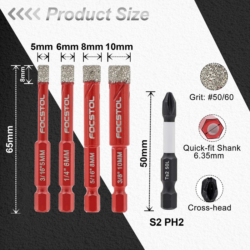 FOCSTOL Diamond Drill Bits Set 10pcs, 3/16''-3/8'' Tile Drill Bit