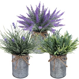Winlyn 3 Pack Small Artificial Plants Lavender Flower Arrangements Faux Lavender Grass Rosemary Plants in Rustic Galvanized Metal Pots Rustic Home Decor 9" Tall for Farmhouse Table Kitchen Windowsill