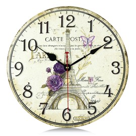Lafocuse Silent Wall Clock Eiffel Tower Vintage Retro Wood Shabby Chic Wall Clocks Decoration Without Ticking for Living Room Bedroom Kitchen Office 30 cm