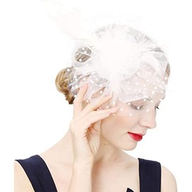 Jovono 20s Flower Feather Headbands Lace Veil Fascinator Hat Bridal Cocktail Tea Party Headpiece for Women (White)