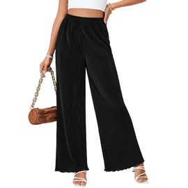 LYANER Women's Casual Wide Leg Pants Pleated High Elastic Waist Flowy Loose Palazzo Pants Work Trousers Black Small
