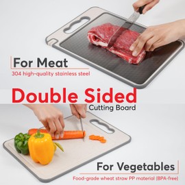 ZAVARQI Stainless Steel Cutting Board for Kitchen - Double Sided Metal Non Toxic Cutting Board, 304 Stainless Steel and Wheat Straw PP Chopping Board with Juice Groove & Garlic Grinder (Textured)