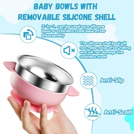 Tikmos 6 Pack Stainless Steel Baby Bowls with Suction 2-in-1 BPA-Free Removable Silicone Sleeve, Non Slip, Anti Scald, Unbreakable, Dishwasher Safe for Toddler Kids Food Feeding