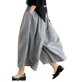 FaroDor Gingham Capri Pants for Women Elastic Waist Wide Leg Plaid Palazzo Culottes with Pocket Black X-Large
