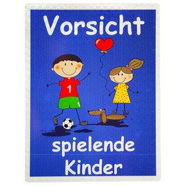 UvV Warning Sign XXL Caution Playing Children 60 x 45 cm Reflective - High-Quality Aluminium Dibond Sign - Printed with Reflective Film - Good Visibility Even in the Dark (Blue-XXL)