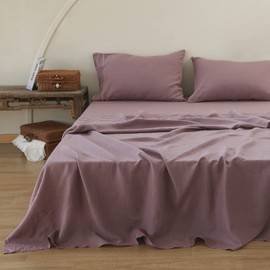 Simple&Opulence 100% Pure Linen Sheet Set Full Size, Natural French Flax Solid Color 4 Pcs Washed Breathable, Farmhouse Bedding (1 Flat Sheet,1 Fitted Sheet,2 Pillowcases)-Embroidery Purple