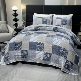 VIVILINEN VIVILINEN Queen Size Quilt Set Grey Patchwork Floral Plaid Reversible Quilted Bedspread Coverlet 3-Piece Lightweight Comforter Stitched Bedding Set Bed Sheet Set Cover Blanket with 2 Pillow Shams