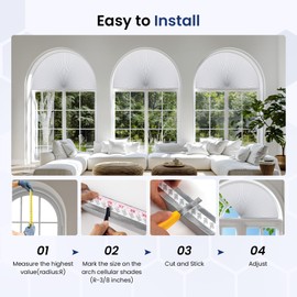 Grandekor 2 Pack No Drill Arch Window Shades 48" X 24" Blackout Cordless Honeycomb Blinds for Half Circle Doors Windows Room Darkening Kitchen Nursery Living Room Bedroom White