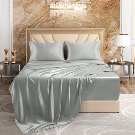 VACVELT 4pcs Extra Deep Pocket Satin Sheets Queen Size Bed Set, Silver Grey Satin Sheet Set Fit 18-24 Inch Deep Pocket Mattress, Silky & Luxury Satin Bedding Set Soft & Ultra Deep Fitted Sheet Set