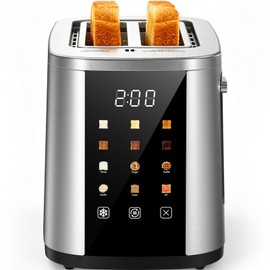 Foyoconven 2 Slice Toaster with Touch Screen, 1.5" Extra Wide Slots for Bagels & Thick Bread, Stainless Steel, Digital Countdown Timer, 6 Shade Settings, Defrost/Reheat/Cancel, Removable Crumb Tray