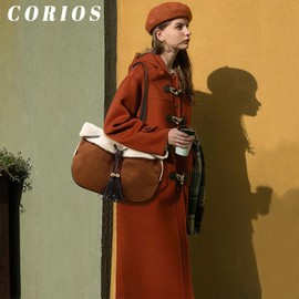 CORIOS Suede Shoulder Bag for Women Handbag with Lamb Wool Large Capacity Tote Bag Vintage Soft Plush Top Handle Bag Drawstring Bucket Bag with Coin Purse 2pcs Set Coffee