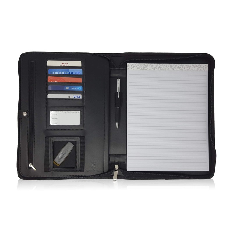 Matt Black Zippered Portfolio Binder - PU Leather Business Portfolio