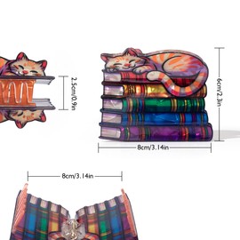 PERSONFUN Cute Cat on Books Hair Claw Clip, Rainbow Color Stack Design, Metal Spring with Shark Tooth Grip, Non-Slip Hair Claw for Women & Girls