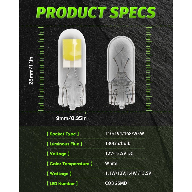 Alopee 10 Pack T10 Led Bulb White 6500K DC 12V