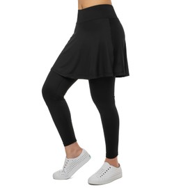 Xioker Women Skirts with Leggings,Athletic Skorts Leggings with Pockets,Capris Skirted Leggings for Tennis Golf(Black Full Length L)