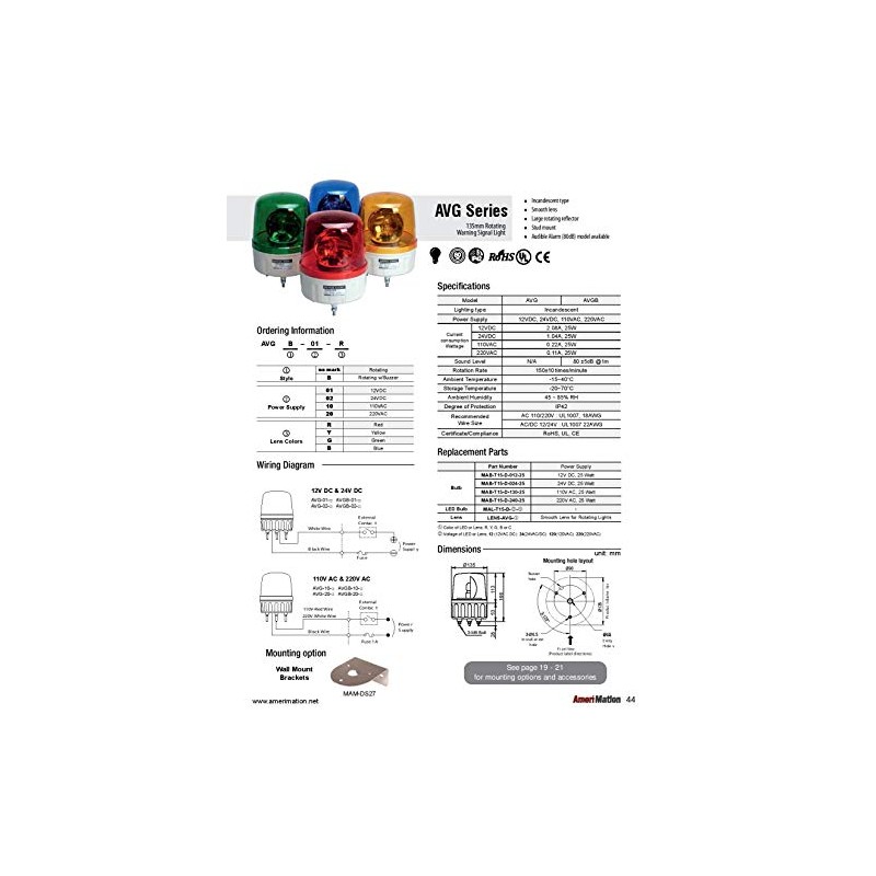 AVG-10-R, Beacon rotating light, 135mm red lens, Stud Mount, Incandescent