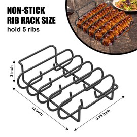 BBQ Rib Rack for Smoking and Grilling Non Stick Coated Steel Roasting Stand, Holds 5 Rib, Non-stick Durable Racks for Gas Smoker or Charcoal Grill, Premium Grill Accessories & Barbecue Gifts for Men