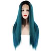 Long Straight Hair Wig Gradient Green Color Centre Parting Hairstyle