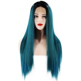 Long Straight Hair Wig Gradient Green Color Centre Parting Hairstyle Straight Wigs for Women