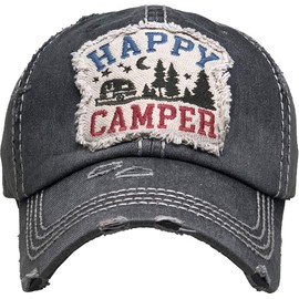 Funky Junque Womens Baseball Cap Distressed Vintage Unconstructed Embroidered Patch Hat (Happy Camper W/Trees - Black)