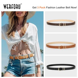 WERFORU 3 Pack Women's Leather Belts for Jeans Dresses Fashion Gold Buckle Ladies Waist Belts Black/Brown/Coffee