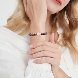 Christian Cross Bracelet God Says You are Beautiful Cross Bracelet for Women Faith Religious Easter Catholic Christian Jewelry Meaningful Communion Baptism Natural Beads Bracelets Red Nature Stone
