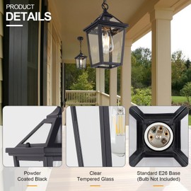 Diyel Outdoor Pendant Light Lantern for Front Porch, Black Exterior Hanging Light Fixtures with Clear Glass Shade for Patio, Entryway, Garage, Gazebo, RZ-032H BK