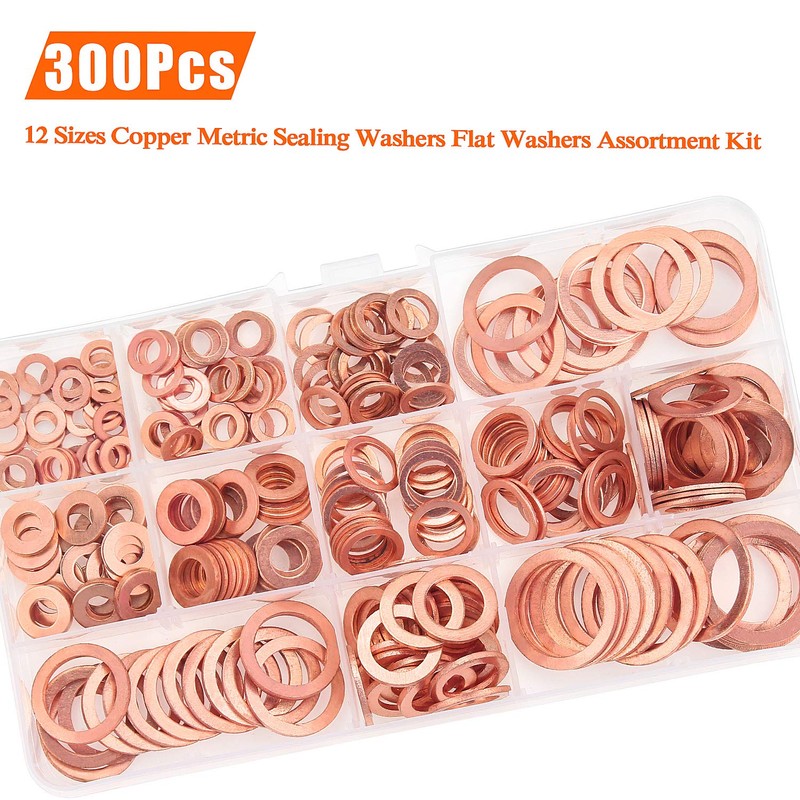 Copper Washer Assortment Set, HELIFOUNER 300 Pieces 12 Sizes Copper