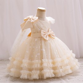 IBTOM CASTLE Pageant Dress for Girls Birthday Party Dress Heart Glitters Tulle Tiered Tutu Dress Bowknot Princess Dress Flower Girl Toddler Kids Valentine's Day Formal Ball Gown Champagne 1-2 Years