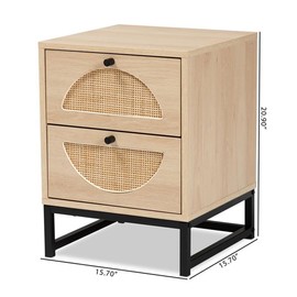 Baxton Studio Ardon Bohemian Light Brown Finished Wood and Black Metal 2-Drawer End Table with Natural Rattan