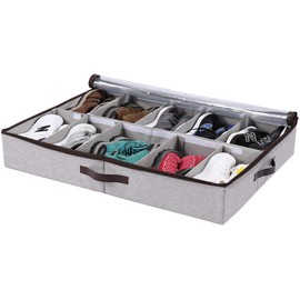 HOONEX Under Bed Shoe Storage Organizer with Adjustable Dividers, Shoe Holder with Leather Handles, 1 Pack, Store 12 Pairs, Grey