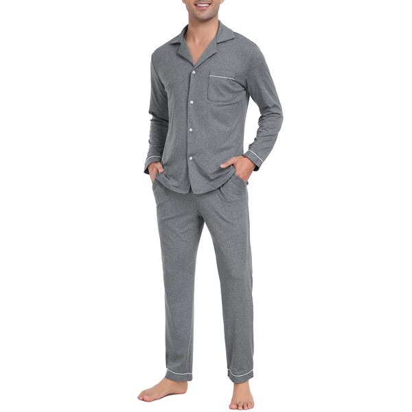 Wikoan Men's Long Pyjamas, Men's Winter Pyjamas with Button Placket
