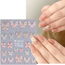 5 Sheets Butterfly Nail Stickers for Nail Art 5D Embossed Self-Adhesive Aurora Butterflies Nail Decals Spring Summer Nail Designs Supplies for Women DIY Manicure Decorations