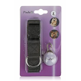 Poodle pet Black Nylon Dog Collar- Adjustable Dog Collar - with Free Dog Clip on Walking Light
