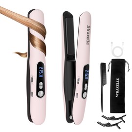 Straxelle Mini Straightener Wireless 2 in 1 Straightener Curls and Straighteners with 5000 mAh Travel Straightener 3 Adjustable Temperatures 175 °C - 215 °C with LCD Display for Women Men (Pink)